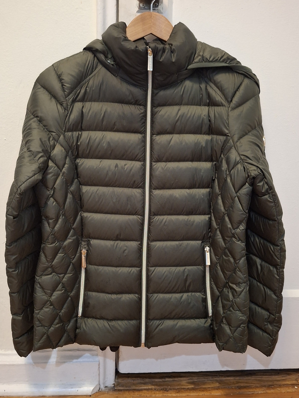 Women's Olive Quilted Puffer Jacket with Hood